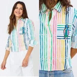 Kerri Rosenthal Joey Beach Stripes Shirt Button Down Blouse Cotton Top Size XS
